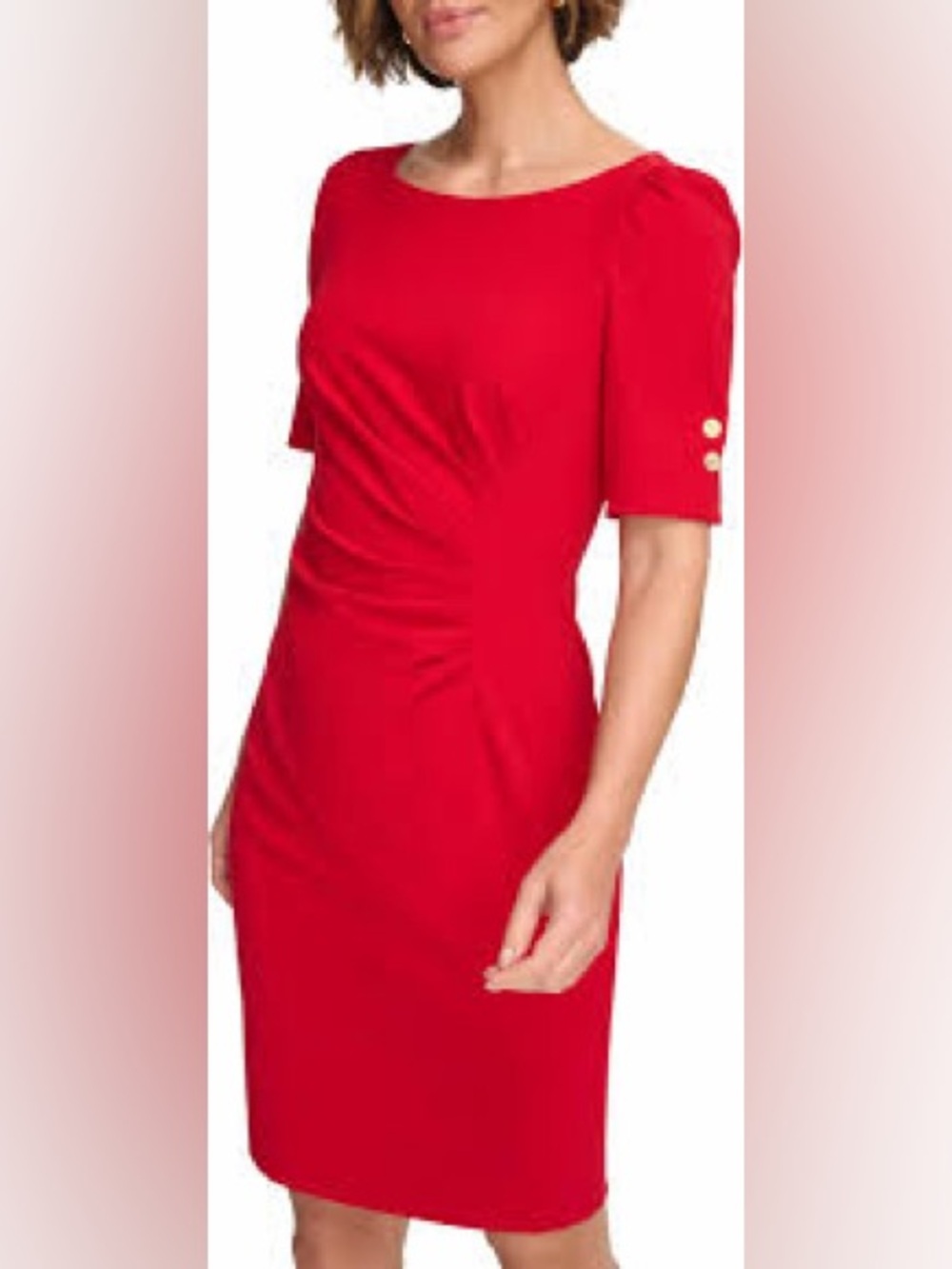 NWT DKNY Red Ruched Sheath Dress Gold Buttons Size 12
